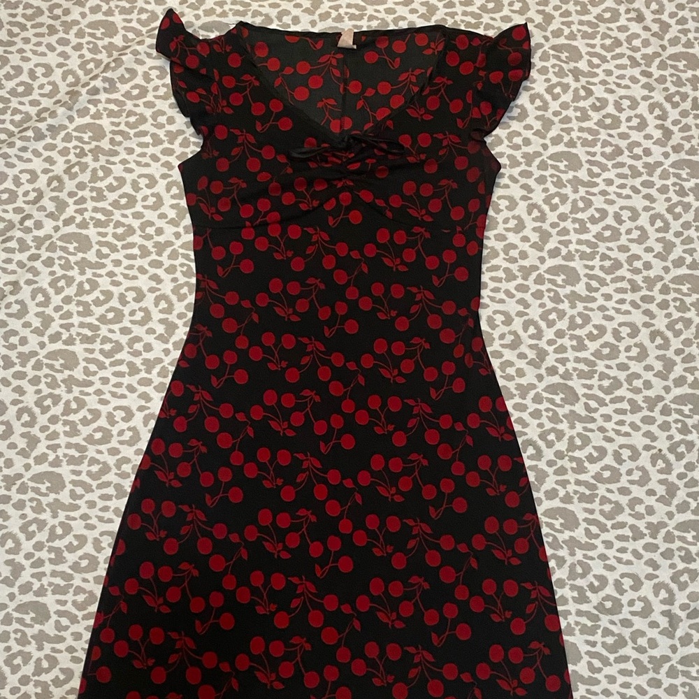 Elegant Black and Red Cherry Print Dress